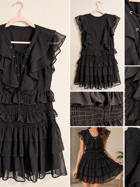Black Ruffle Lace-Up Dress – Romantic / Boho Style